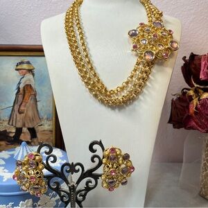 Jose Maria Barrera Chic Gold and Pink Multi-Strand Necklace  and earrings Set